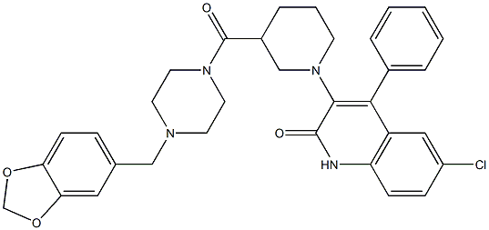 3-(3-(4-(BENZO[D][1,3]DIOXOL-5-YLMETHYL)PIPERAZINE-1-CARBONYL)PIPERIDIN-1-YL)-6-CHLORO-4-PHENYLQUINOLIN-2(1H)-ONE 结构式