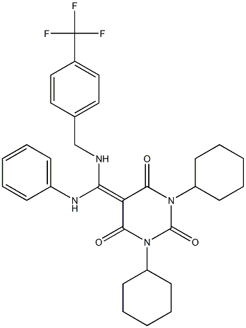 1,3-DICYCLOHEXYL-5-((PHENYLAMINO)(4-(TRIFLUOROMETHYL)BENZYLAMINO)METHYLENE)PYRIMIDINE-2,4,6(1H,3H,5H)-TRIONE 结构式