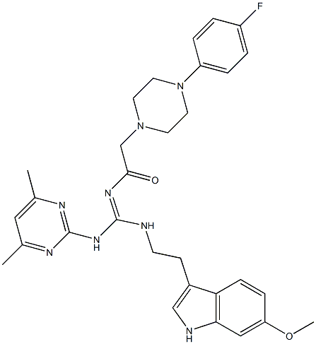 (E)-N-((4,6-DIMETHYLPYRIMIDIN-2-YLAMINO)(2-(6-METHOXY-1H-INDOL-3-YL)ETHYLAMINO)METHYLENE)-2-(4-(4-FLUOROPHENYL)PIPERAZIN-1-YL)ACETAMIDE 结构式