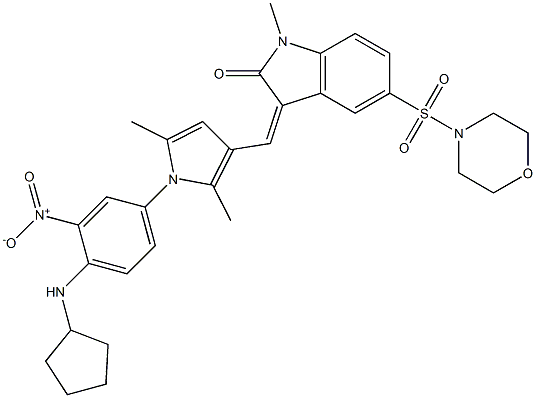 (Z)-3-((1-(4-(CYCLOPENTYLAMINO)-3-NITROPHENYL)-2,5-DIMETHYL-1H-PYRROL-3-YL)METHYLENE)-1-METHYL-5-(MORPHOLINOSULFONYL)INDOLIN-2-ONE 结构式