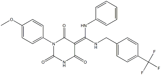 (Z)-1-(4-METHOXYPHENYL)-5-((PHENYLAMINO)(4-(TRIFLUOROMETHYL)BENZYLAMINO)METHYLENE)PYRIMIDINE-2,4,6(1H,3H,5H)-TRIONE 结构式