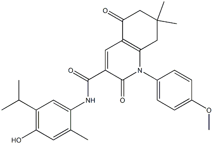 N-(4-HYDROXY-5-ISOPROPYL-2-METHYLPHENYL)-1-(4-METHOXYPHENYL)-7,7-DIMETHYL-2,5-DIOXO-1,2,5,6,7,8-HEXAHYDRO-3-QUINOLINECARBOXAMIDE 结构式