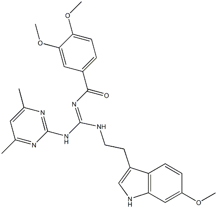 (E)-N-((4,6-DIMETHYLPYRIMIDIN-2-YLAMINO)(2-(6-METHOXY-1H-INDOL-3-YL)ETHYLAMINO)METHYLENE)-3,4-DIMETHOXYBENZAMIDE 结构式