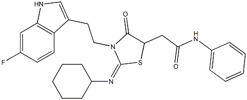 2-{2-(CYCLOHEXYLIMINO)-3-[2-(6-FLUORO-1H-INDOL-3-YL)ETHYL]-4-OXO-1,3-THIAZOLIDIN-5-YL}-N-PHENYLACETAMIDE 结构式