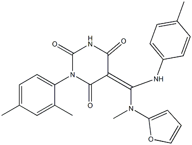 (Z)-5-((P-TOLUIDINO)(FURAN-2-YLMETHYLAMINO)METHYLENE)-1-(2,4-DIMETHYLPHENYL)PYRIMIDINE-2,4,6(1H,3H,5H)-TRIONE 结构式