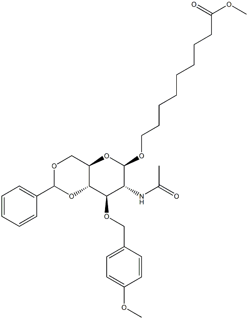 8-METHOXYCARBONYLOCT-1-YL 2-ACETAMIDO-4,6-O-BENZYLIDENE-3-O-(4-METHOXYBENZYL)-2-DEOXY-BETA-D-GLUCOPYRANOSIDE 结构式