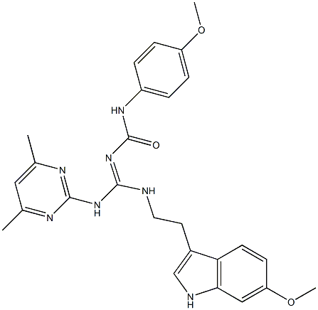 (E)-1-((4,6-Dimethylpyrimidin-2-ylamino)(2-(6-methoxy-1H-indol-3-yl)ethylamino)methylene)-3-(4-methoxyphenyl)urea 结构式