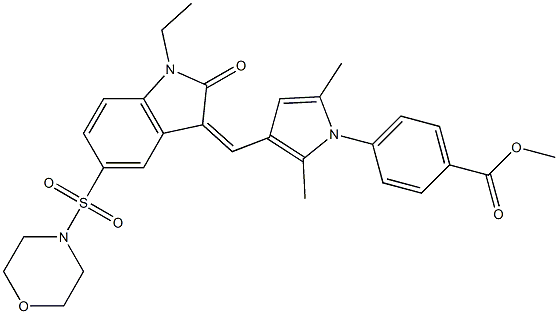 (Z)-METHYL 4-(3-((1-ETHYL-5-(MORPHOLINOSULFONYL)-2-OXOINDOLIN-3-YLIDENE)METHYL)-2,5-DIMETHYL-1H-PYRROL-1-YL)BENZOATE 结构式