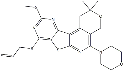 8-(Allylsulfanyl)-2,2-dimethyl-10-(methylsulfanyl)-5-(4-morpholinyl)-1,4-dihydro-2H-pyrano[4',3':4',5']pyrido[3',2':4,5]thieno[3,2-d]pyrimidine 结构式