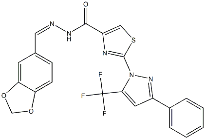 N'-[(1Z)-1,3-BENZODIOXOL-5-YLMETHYLENE]-2-[3-PHENYL-5-(TRIFLUOROMETHYL)-1H-PYRAZOL-1-YL]-1,3-THIAZOLE-4-CARBOHYDRAZIDE 结构式