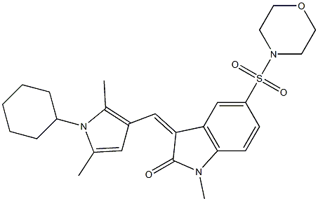 (Z)-3-((1-CYCLOHEXYL-2,5-DIMETHYL-1H-PYRROL-3-YL)METHYLENE)-1-METHYL-5-(MORPHOLINOSULFONYL)INDOLIN-2-ONE 结构式