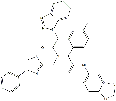 2-(2-(1H-Benzo[d][1,2,3]triazol-1-yl)-N-((4-phenylthiazol-2-yl)methyl)acetamido)-N-(benzo[d][1,3]dioxol-5-yl)-2-(4-fluorophenyl)acetamide 结构式
