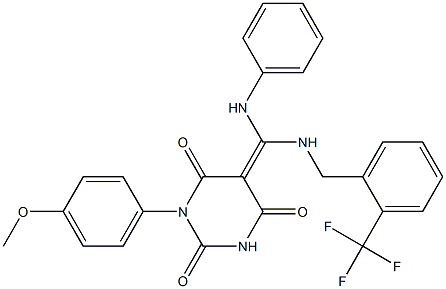 (Z)-1-(4-METHOXYPHENYL)-5-((PHENYLAMINO)(2-(TRIFLUOROMETHYL)BENZYLAMINO)METHYLENE)PYRIMIDINE-2,4,6(1H,3H,5H)-TRIONE 结构式