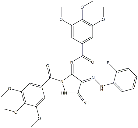 (E)-N-((E)-4-(2-(2-Fluorophenyl)hydrazono)-5-imino-2-(3,4,5-trimethoxybenzoyl)pyrazolidin-3-ylidene)-3,4,5-trimethoxybenzamide 结构式