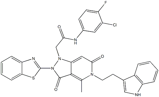 2-(5-(2-(1H-Indol-3-yl)ethyl)-2-(benzo[d]thiazol-2-yl)-4-methyl-3,6-dioxo-2,3,5,6-tetrahydropyrazolo[4,3-c]pyridin-1-yl)-N-(3-chloro-4-fluorophenyl)acetamide 结构式