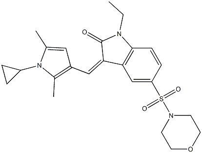 (Z)-3-((1-CYCLOPROPYL-2,5-DIMETHYL-1H-PYRROL-3-YL)METHYLENE)-1-ETHYL-5-(MORPHOLINOSULFONYL)INDOLIN-2-ONE 结构式