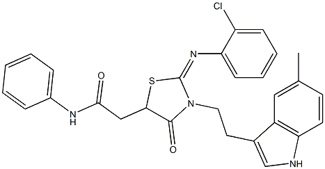 (E)-2-(2-(2-Chlorophenylimino)-3-(2-(5-methyl-1H-indol-3-yl)ethyl)-4-oxothiazolidin-5-yl)-N-phenylacetamide 结构式