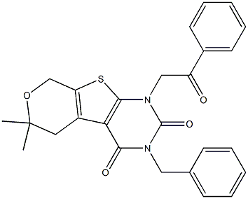 3-BENZYL-6,6-DIMETHYL-1-(2-OXO-2-PHENYLETHYL)-1,5,6,8-TETRAHYDRO-2H-PYRANO[4',3':4,5]THIENO[2,3-D]PYRIMIDINE-2,4(3H)-DIONE 结构式