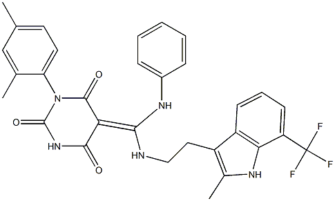 (Z)-1-(2,4-DIMETHYLPHENYL)-5-((2-(2-METHYL-7-(TRIFLUOROMETHYL)-1H-INDOL-3-YL)ETHYLAMINO)(PHENYLAMINO)METHYLENE)PYRIMIDINE-2,4,6(1H,3H,5H)-TRIONE 结构式