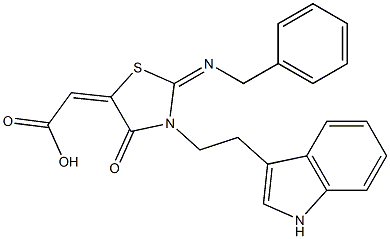 (2E)-{(2E)-2-(BENZYLIMINO)-3-[2-(1H-INDOL-3-YL)ETHYL]-4-OXO-1,3-THIAZOLIDIN-5-YLIDENE}ACETIC ACID 结构式