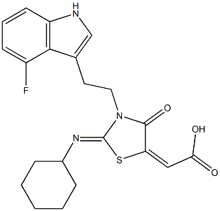 2-[3-[2-(4-FLUORO-1H-INDOL-3-YL)ETHYL]-2-(CYCLOHEXYLIMINO)-4-OXO-1,3-THIAZOLIDIN-5-YLIDENE]ACETIC ACID 结构式
