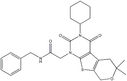 N-Benzyl-2-[3-cyclohexyl-6,6-dimethyl-2,4-dioxo-3,4,5,8-tetrahydro-2H-pyrano[4',3':4,5]thieno[2,3-d]pyrimidin-1(6H)-yl]acetamide 结构式