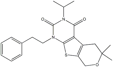 3-ISOPROPYL-6,6-DIMETHYL-1-PHENETHYL-1,5,6,8-TETRAHYDRO-2H-PYRANO[4',3':4,5]THIENO[2,3-D]PYRIMIDINE-2,4(3H)-DIONE 结构式