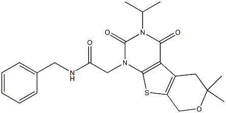 N-BENZYL-2-[3-ISOPROPYL-6,6-DIMETHYL-2,4-DIOXO-3,4,5,8-TETRAHYDRO-2H-PYRANO[4',3':4,5]THIENO[2,3-D]PYRIMIDIN-1(6H)-YL]ACETAMIDE 结构式