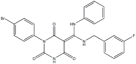 (Z)-1-(4-BROMOPHENYL)-5-((3-FLUOROBENZYLAMINO)(PHENYLAMINO)METHYLENE)PYRIMIDINE-2,4,6(1H,3H,5H)-TRIONE 结构式