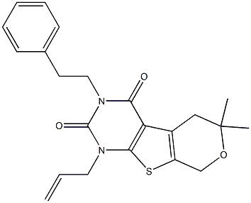 1-ALLYL-6,6-DIMETHYL-3-PHENETHYL-1,5,6,8-TETRAHYDRO-2H-PYRANO[4',3':4,5]THIENO[2,3-D]PYRIMIDINE-2,4(3H)-DIONE 结构式