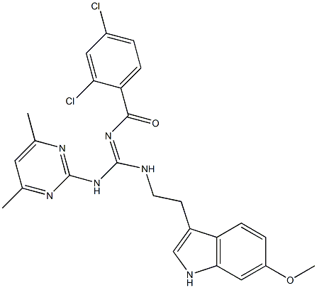 (E)-2,4-DICHLORO-N-((4,6-DIMETHYLPYRIMIDIN-2-YLAMINO)(2-(6-METHOXY-1H-INDOL-3-YL)ETHYLAMINO)METHYLENE)BENZAMIDE 结构式