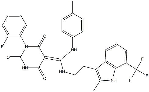 (Z)-5-((p-Toluidino)(2-(2-methyl-7-(trifluoromethyl)-1H-indol-3-yl)ethylamino)methylene)-1-(2-fluorophenyl)pyrimidine-2,4,6(1H,3H,5H)-trione 结构式