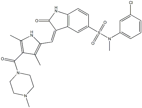 (3Z)-N-(3-CHLOROPHENYL)-3-([3,5-DIMETHYL-4-[(4-METHYLPIPERAZIN-1-YL)CARBONYL]-1H-PYRROL-2-YL]METHYLENE)-N-METHYL-2-OXO-2,3-DIHYDRO-1H-INDOLE-5-SULFONAMIDE 结构式