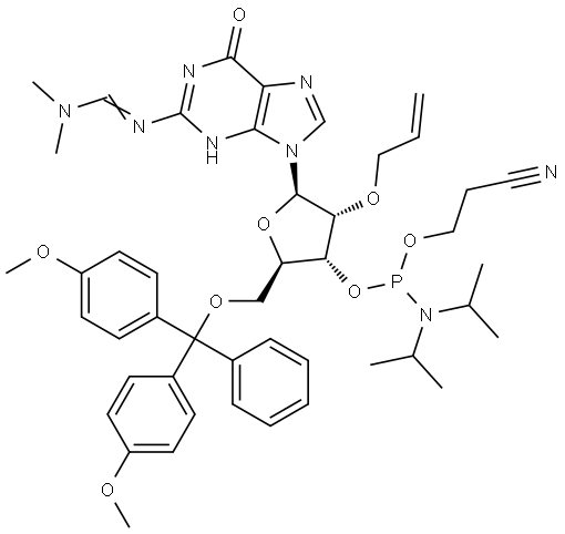 8-ALLYLOXY-3'-O-[(DIISOPROPYLAMINO)(2-CYANOETHOXY)PHOSPHINO]-5'-O-(4,4'-DIMETHOXYTRITYL)-N2-[(DIMETHYLAMINO)METHYLIDINE]-2'-DEOXYGUANOSINE 结构式
