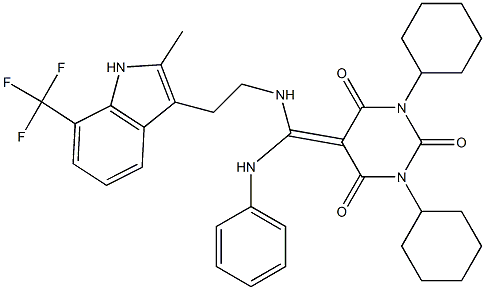 1,3-DICYCLOHEXYL-5-((2-(2-METHYL-7-(TRIFLUOROMETHYL)-1H-INDOL-3-YL)ETHYLAMINO)(PHENYLAMINO)METHYLENE)PYRIMIDINE-2,4,6(1H,3H,5H)-TRIONE 结构式