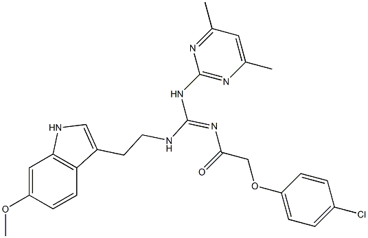 (E)-2-(4-Chlorophenoxy)-N-((4,6-dimethylpyrimidin-2-ylamino)(2-(6-methoxy-1H-indol-3-yl)ethylamino)methylene)acetamide 结构式