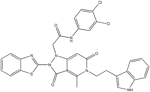 2-(5-(2-(1H-INDOL-3-YL)ETHYL)-2-(BENZO[D]THIAZOL-2-YL)-4-METHYL-3,6-DIOXO-2,3,5,6-TETRAHYDROPYRAZOLO[4,3-C]PYRIDIN-1-YL)-N-(3,4-DICHLOROPHENYL)ACETAMIDE 结构式