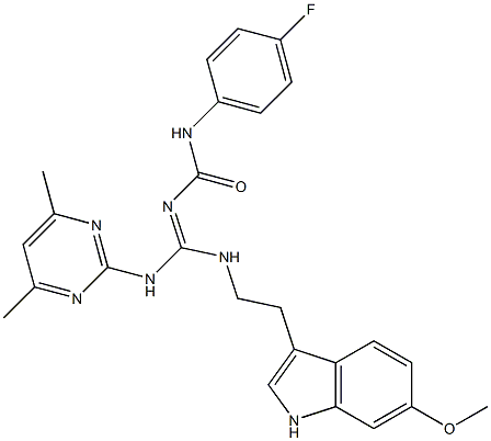 N-((E)-[(4,6-DIMETHYL-2-PYRIMIDINYL)AMINO]{[2-(6-METHOXY-1H-INDOL-3-YL)ETHYL]AMINO}METHYLIDENE)-N'-(4-FLUOROPHENYL)UREA 结构式