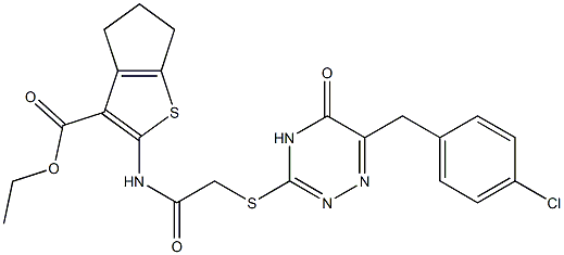 Ethyl 2-(2-(6-(4-chlorobenzyl)-5-oxo-4,5-dihydro-1,2,4-triazin-3-ylthio)acetamido)-5,6-dihydro-4H-cyclopenta[b]thiophene-3-carboxylate 结构式
