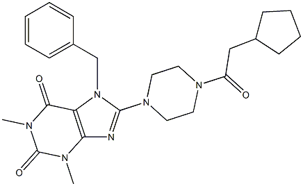 7-Benzyl-1,3-dimethyl-8-[4-(cyclopentylacetyl)piperazin-1-yl]-3,7-dihydro-1H-purine-2,6-dione 结构式