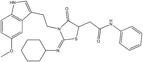 (E)-2-(2-(CYCLOHEXYLIMINO)-3-(2-(5-METHOXY-1H-INDOL-3-YL)ETHYL)-4-OXOTHIAZOLIDIN-5-YL)-N-PHENYLACETAMIDE 结构式