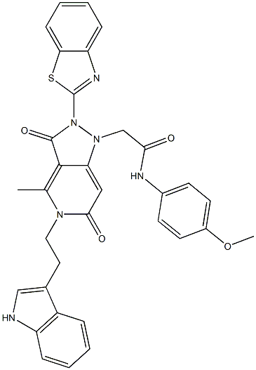 2-(5-(2-(1H-Indol-3-yl)ethyl)-2-(benzo[d]thiazol-2-yl)-4-methyl-3,6-dioxo-2,3,5,6-tetrahydropyrazolo[4,3-c]pyridin-1-yl)-N-(4-methoxyphenyl)acetamide 结构式