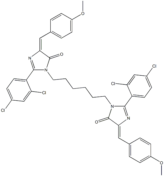 (E)-2-(2,4-DICHLOROPHENYL)-1-(6-((Z)-2-(2,4-DICHLOROPHENYL)-4-(4-METHOXYBENZYLIDENE)-5-OXO-4,5-DIHYDROIMIDAZOL-1-YL)HEXYL)-4-(4-METHOXYBENZYLIDENE)-1H-IMIDAZOL-5(4H)-ONE 结构式