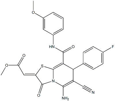 (Z)-METHYL 2-(5-AMINO-6-CYANO-7-(4-FLUOROPHENYL)-8-(3-METHOXYPHENYLCARBAMOYL)-3-OXO-3H-THIAZOLO[3,2-A]PYRIDIN-2(7H)-YLIDENE)ACETATE 结构式