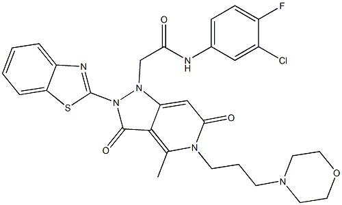 2-(2-(BENZO[D]THIAZOL-2-YL)-4-METHYL-5-(3-MORPHOLINOPROPYL)-3,6-DIOXO-2,3,5,6-TETRAHYDROPYRAZOLO[4,3-C]PYRIDIN-1-YL)-N-(3-CHLORO-4-FLUOROPHENYL)ACETAMIDE 结构式