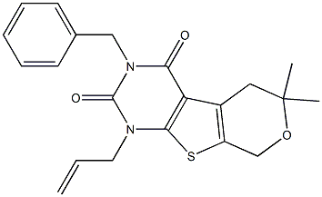 1-Allyl-3-benzyl-6,6-dimethyl-1,5,6,8-tetrahydro-2H-pyrano[4',3':4,5]thieno[2,3-d]pyrimidine-2,4(3H)-dione 结构式