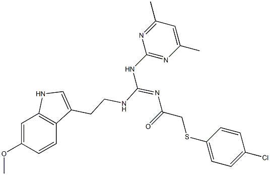(E)-2-(4-CHLOROPHENYLTHIO)-N-((4,6-DIMETHYLPYRIMIDIN-2-YLAMINO)(2-(6-METHOXY-1H-INDOL-3-YL)ETHYLAMINO)METHYLENE)ACETAMIDE 结构式