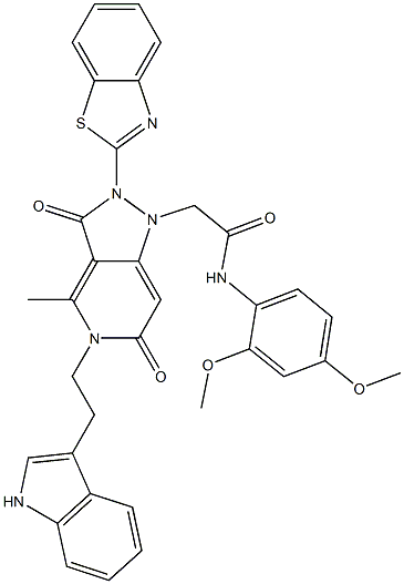 2-(5-(2-(1H-INDOL-3-YL)ETHYL)-2-(BENZO[D]THIAZOL-2-YL)-4-METHYL-3,6-DIOXO-2,3,5,6-TETRAHYDROPYRAZOLO[4,3-C]PYRIDIN-1-YL)-N-(2,4-DIMETHOXYPHENYL)ACETAMIDE 结构式