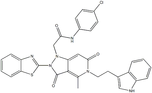 2-(5-(2-(1H-INDOL-3-YL)ETHYL)-2-(BENZO[D]THIAZOL-2-YL)-4-METHYL-3,6-DIOXO-2,3,5,6-TETRAHYDROPYRAZOLO[4,3-C]PYRIDIN-1-YL)-N-(4-CHLOROPHENYL)ACETAMIDE 结构式