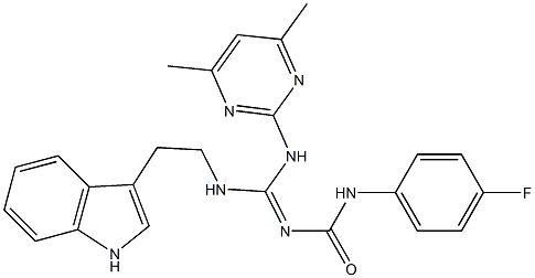 N-((Z)-[(4,6-DIMETHYL-2-PYRIMIDINYL)AMINO]{[2-(1H-INDOL-3-YL)ETHYL]AMINO}METHYLIDENE)-N'-(4-FLUOROPHENYL)UREA 结构式